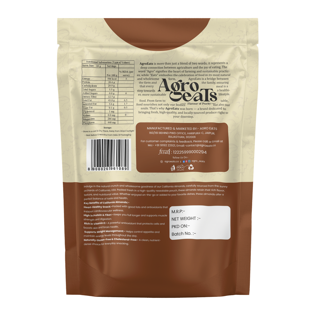 AGROEATS Pure California Almonds (Badam Whole), 250g – High in Protein, Fiber, Magnesium & Phosphorus | Healthy Nuts & Dry Fruits
