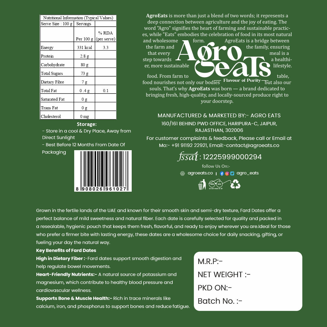 AGROEATS PREMIUM FARD DATES – 250g Pack | Natural Saudi Khajur | Nutritious & Naturally Sweet | No Added Sugar | Biodegradable Packaging | Ideal for Gifting & Daily Snacking